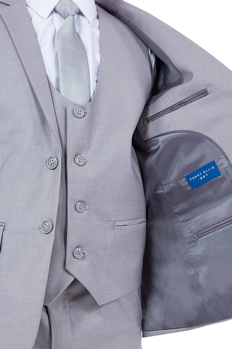 "Boys' Wedding Suit by Perry Ellis: Classy Light Grey Vested Look" - Elegant Mensattire