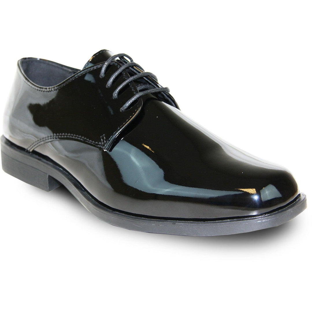 "Bravo Men's Classic Shiny Patent Tuxedo Dress Shoes - Plain Square-Toe in Black" - Elegant Mensattire