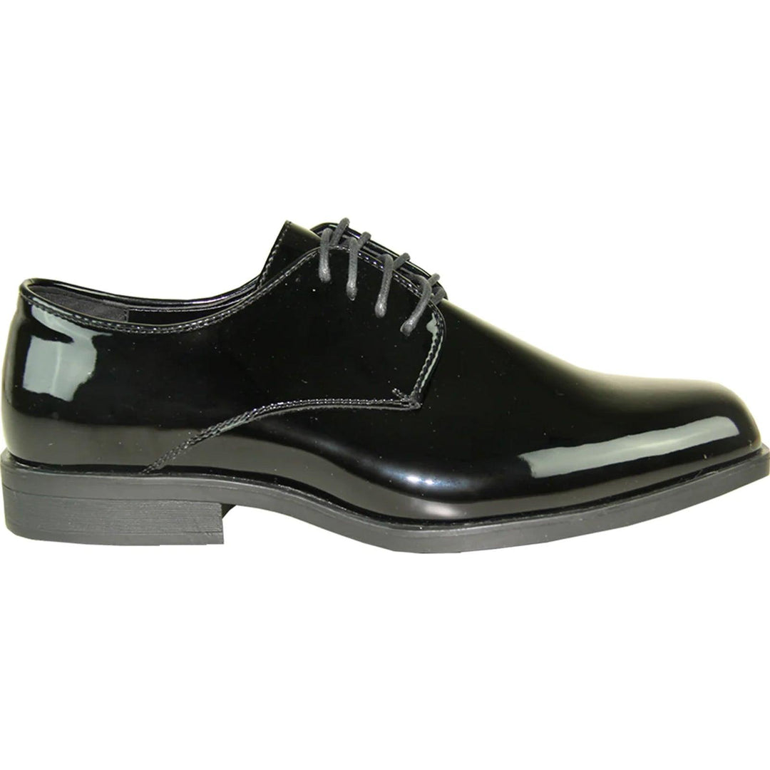 "Bravo Men's Classic Shiny Patent Tuxedo Dress Shoes - Plain Square-Toe in Black" - Elegant Mensattire