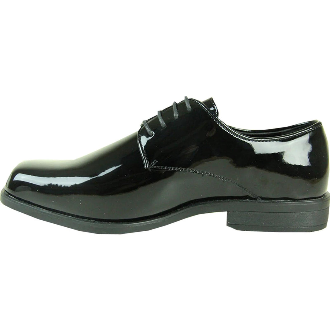 "Bravo Men's Classic Shiny Patent Tuxedo Dress Shoes - Plain Square-Toe in Black" - Elegant Mensattire