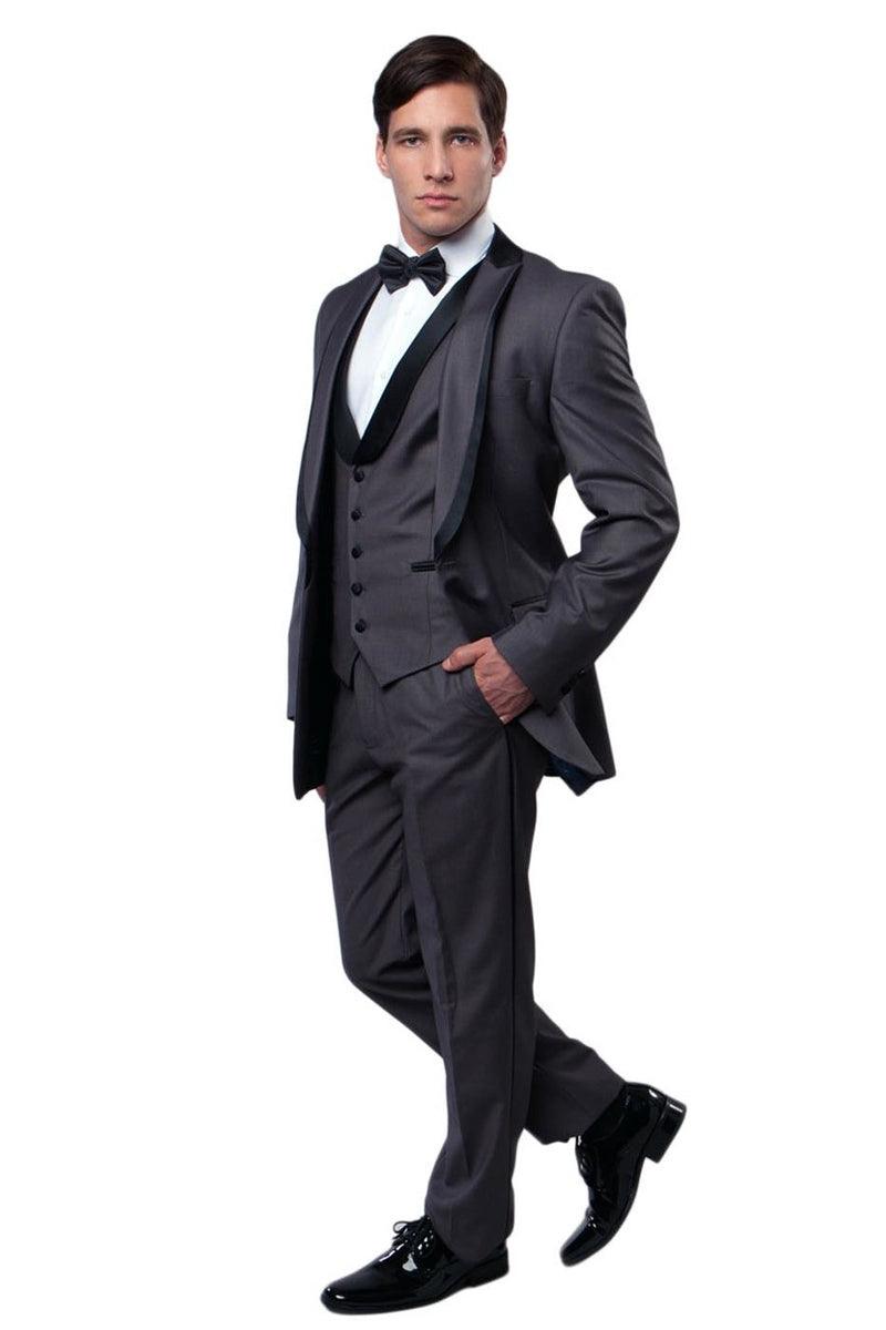 "Bryan Michaels Charcoal Grey Satin-Trimmed Tuxedo with Peak Lapel Vesting" - Elegant Mensattire