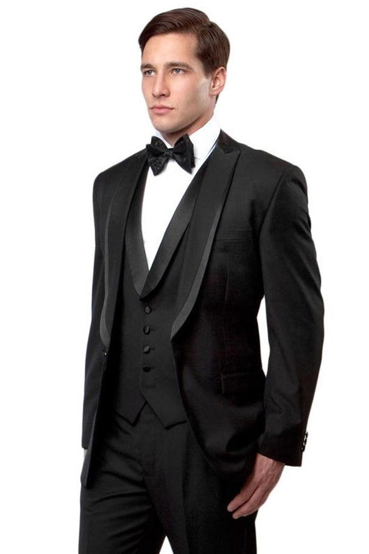 Bryan Michaels Men's Black Satin-Trimmed Vested Tux with Peak Lapel - Elegant Mensattire