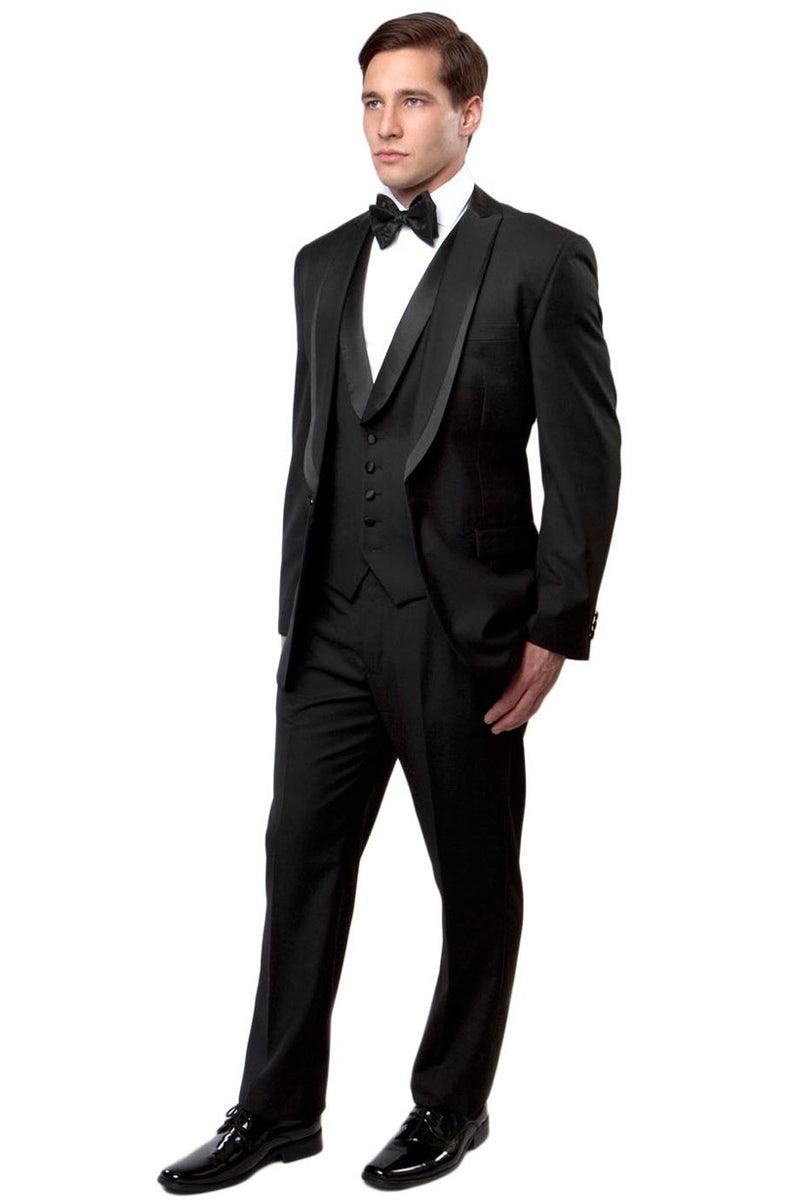 Bryan Michaels Men's Black Satin-Trimmed Vested Tux with Peak Lapel - Elegant Mensattire