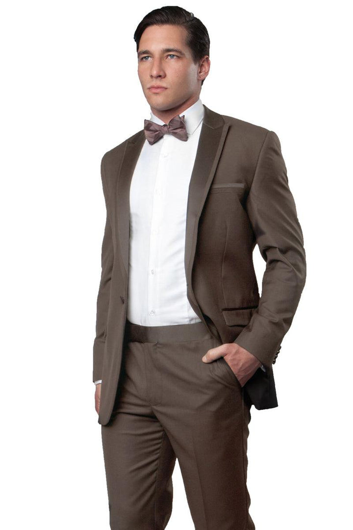 "Bryan Michaels Men's Champagne Slim Fit Tuxedo w/ Satin Peak Lapel Trim" - Elegant Mensattire