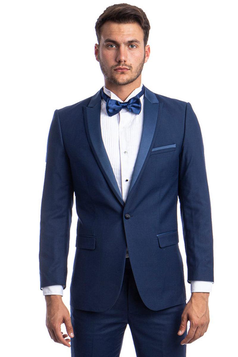 Bryan Michaels Men's Cobalt Blue Tuxedo - Slim Fit, One Button, Satin-Trimmed Peak Lapel - Elegant Mensattire