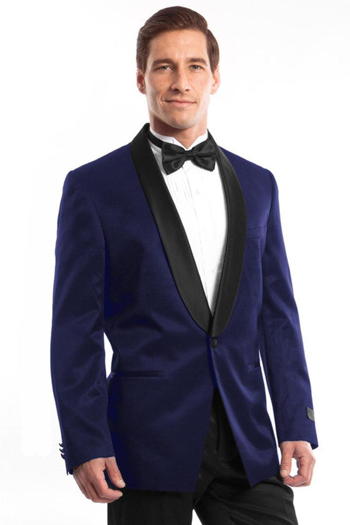 "Bryan Michaels Men's Slim Fit Shawl Tuxedo in Navy Blue Satin Birdseye" - Elegant Mensattire