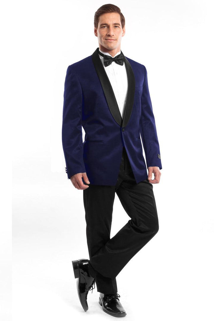 "Bryan Michaels Men's Slim Fit Shawl Tuxedo in Navy Blue Satin Birdseye" - Elegant Mensattire