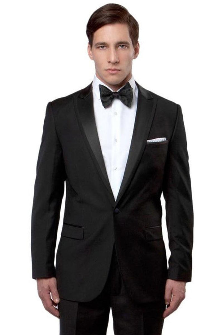 Bryan Michaels Men's Trim-Fit Satin Peak Lapel Black Wedding Tuxedo - Elegant Mensattire