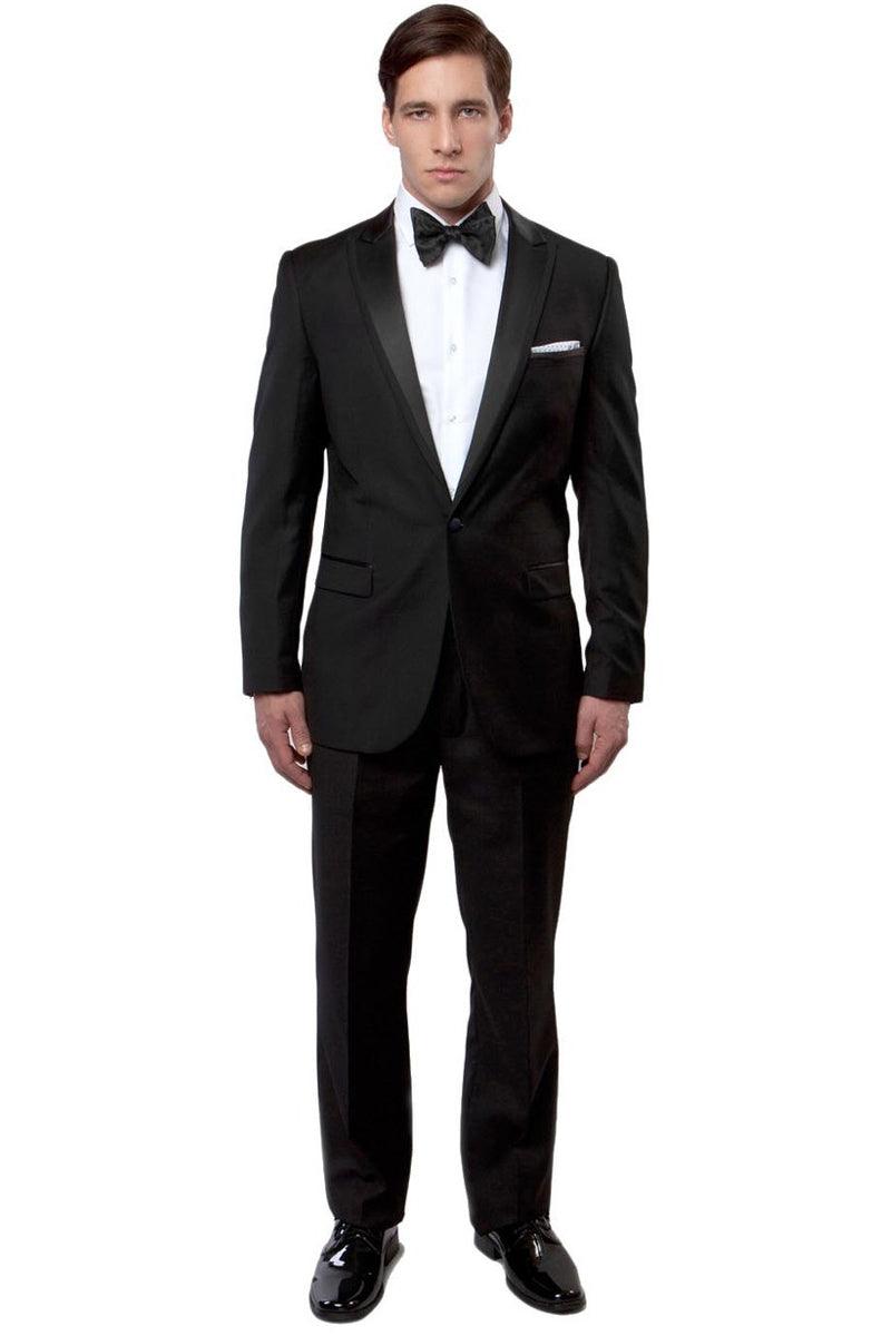 Bryan Michaels Men's Trim-Fit Satin Peak Lapel Black Wedding Tuxedo - Elegant Mensattire