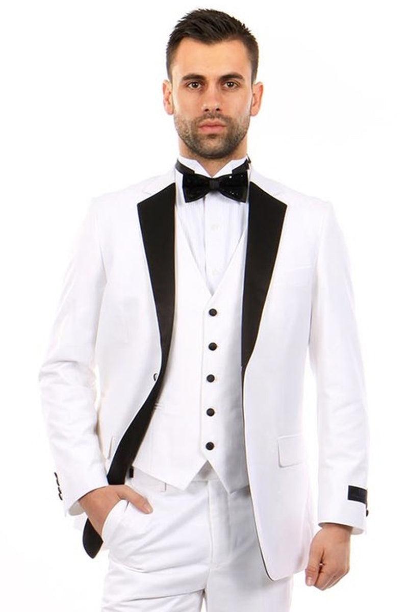 "Bryan Michaels Men's White & Black Classic Notch Vested Tuxedo" - Elegant Mensattire