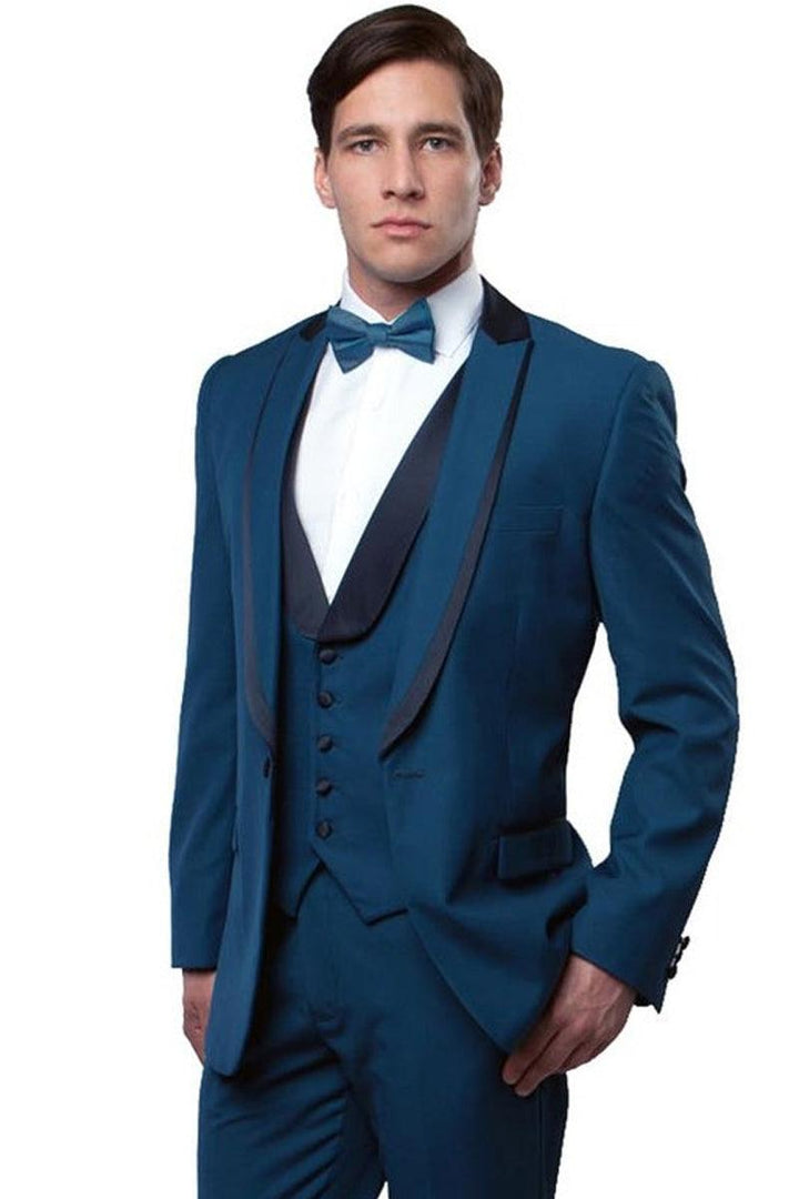 Bryan Michaels Teal Blue Vested Tuxedo w/ Satin-Trimmed Peak Lapel - Elegant Mensattire