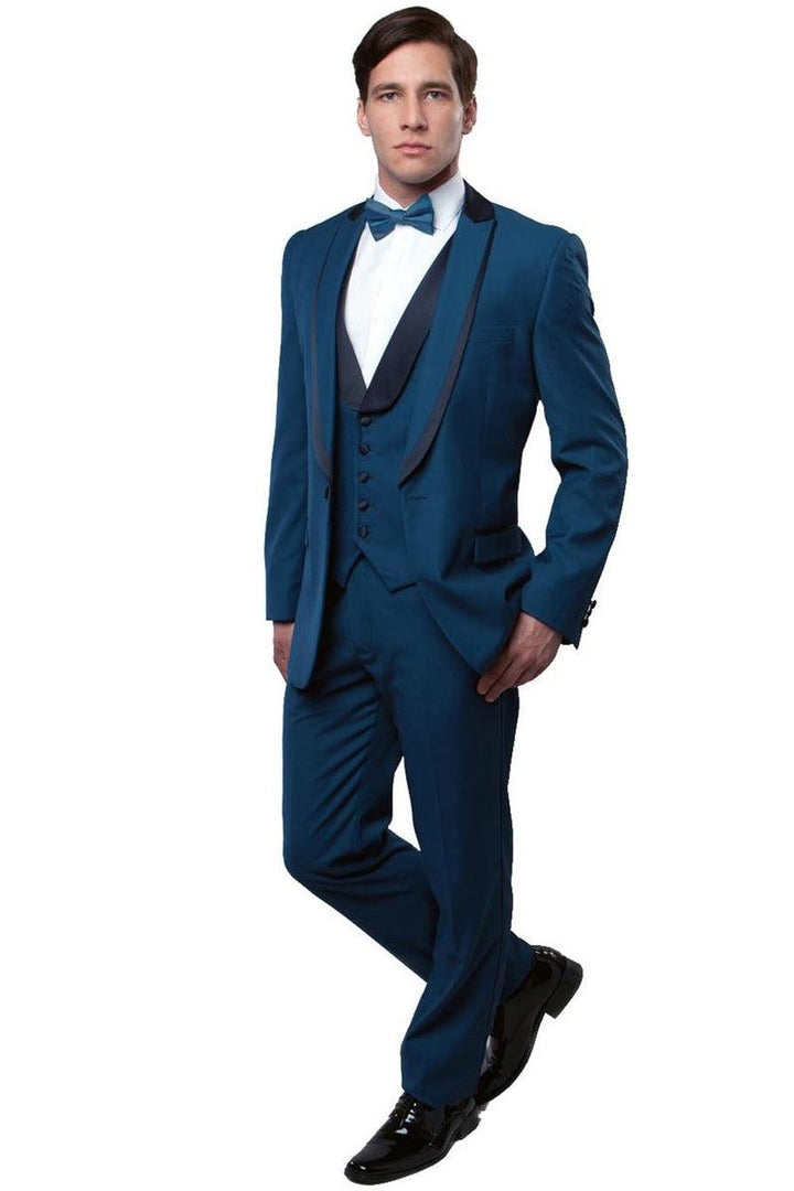 Bryan Michaels Teal Blue Vested Tuxedo w/ Satin-Trimmed Peak Lapel - Elegant Mensattire