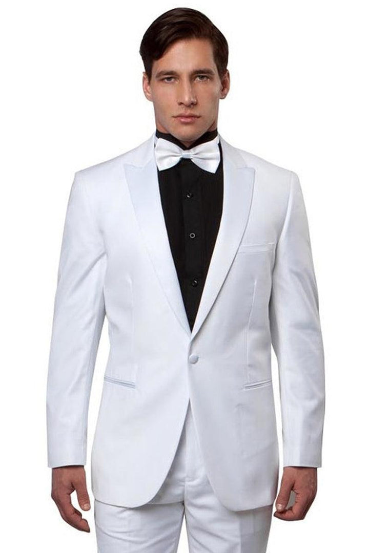 "Bryan Michaels White Slim Fit Peak Lapel Tuxedo: The Height of Class and Style" - Elegant Mensattire