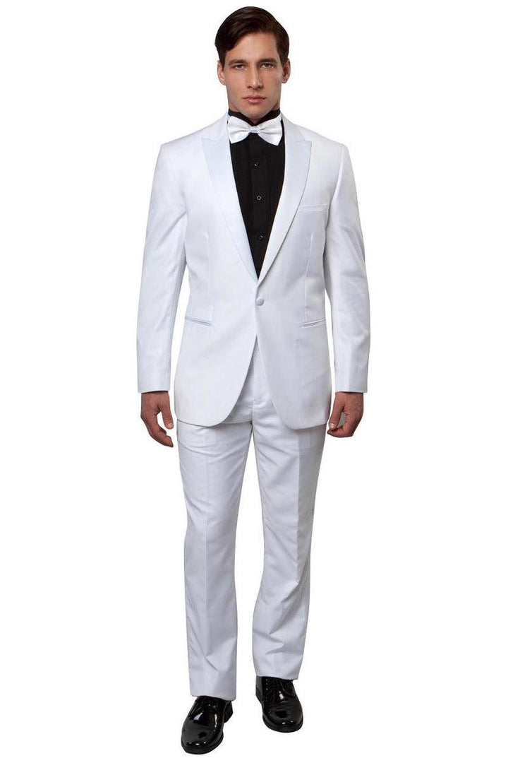 "Bryan Michaels White Slim Fit Peak Lapel Tuxedo: The Height of Class and Style" - Elegant Mensattire