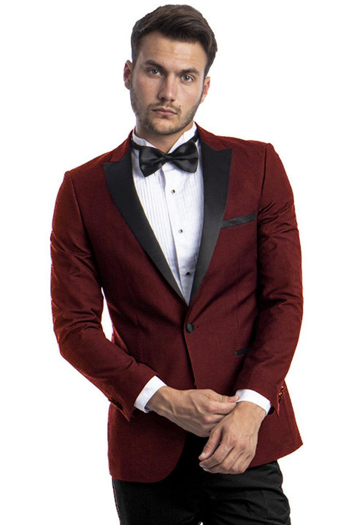 BryMichls Men's Burgundy Slim Fit Peak Lapel Wedding Tuxedo - Elegant Mensattire