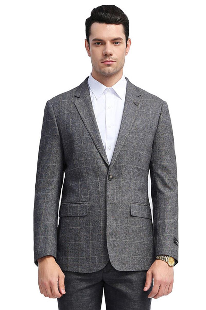 " Charcoal Grey Tazio Men's Slim-Fit Plaid Sport Coat with 2-Button Windowpane " - Elegant Mensattire