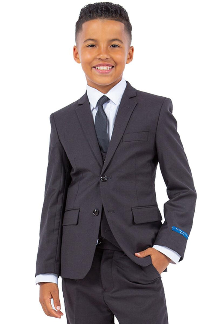 Charcoal Grey Vested Boys' Wedding Suit - Perry Ellis - Elegant Mensattire