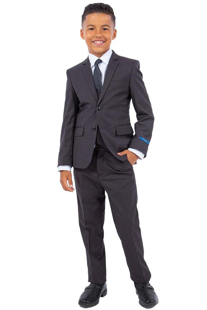 Charcoal Grey Vested Boys' Wedding Suit - Perry Ellis - Elegant Mensattire