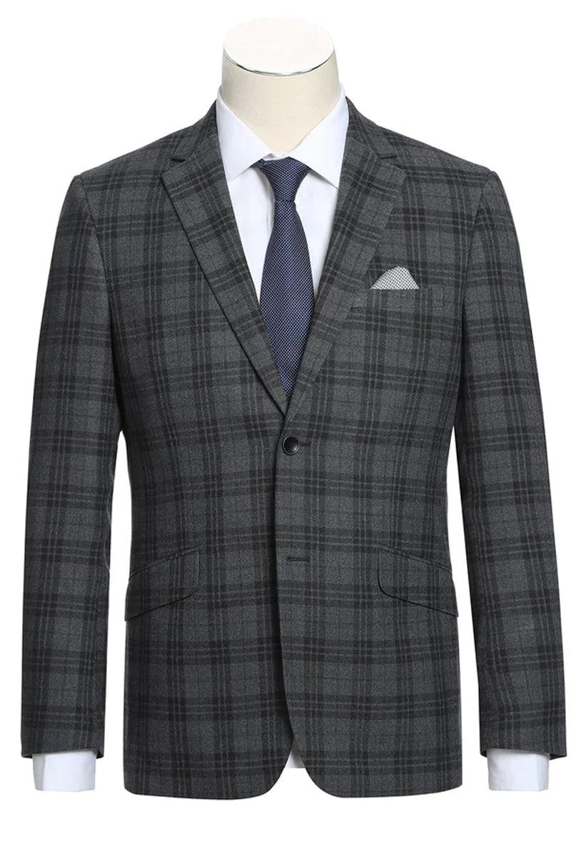 "Charcoal Grey Windowpane Renoir Slim-Fit 2-Button 2-Piece Suit" - Elegant Mensattire