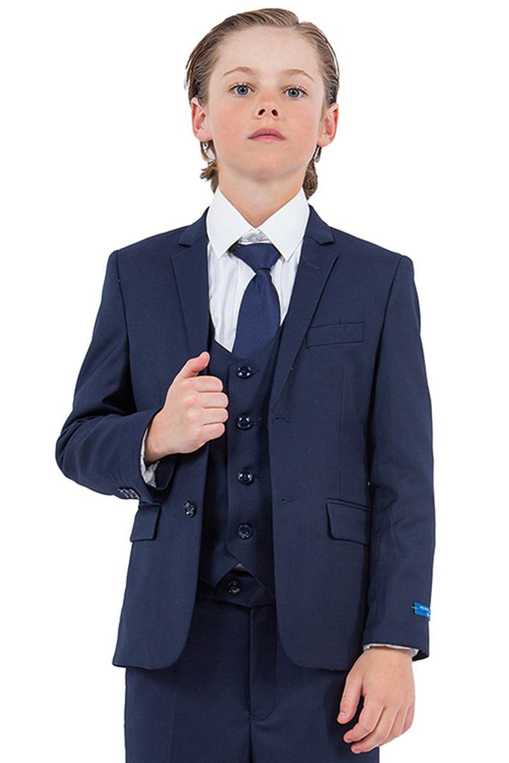 "Chic Navy Blue Vested Boy's Wedding Suit by Perry Ellis" - Elegant Mensattire