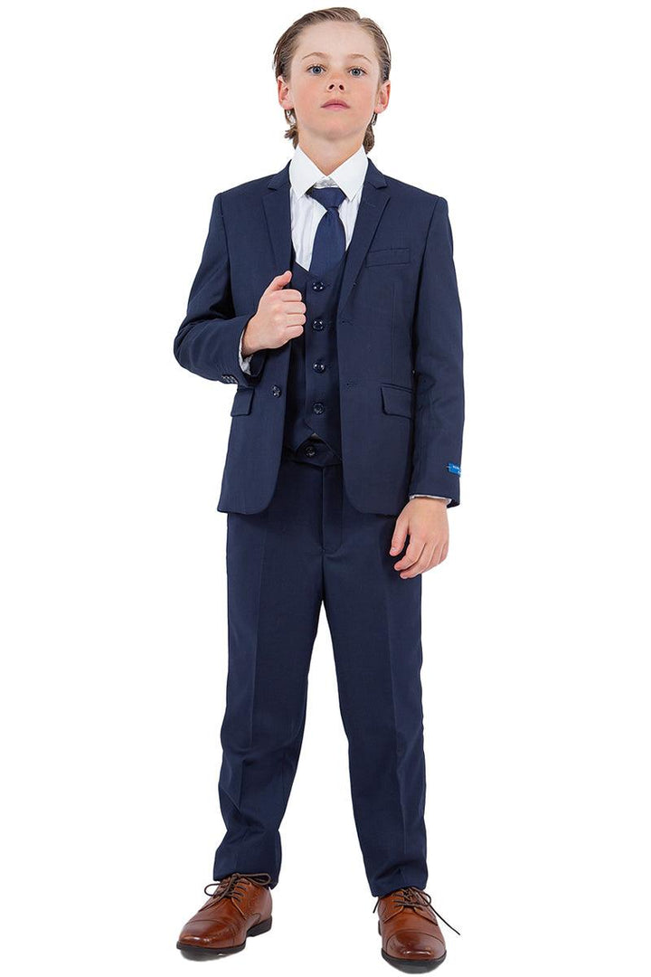 "Chic Navy Blue Vested Boy's Wedding Suit by Perry Ellis" - Elegant Mensattire