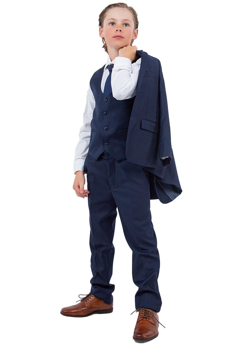 "Chic Navy Blue Vested Boy's Wedding Suit by Perry Ellis" - Elegant Mensattire