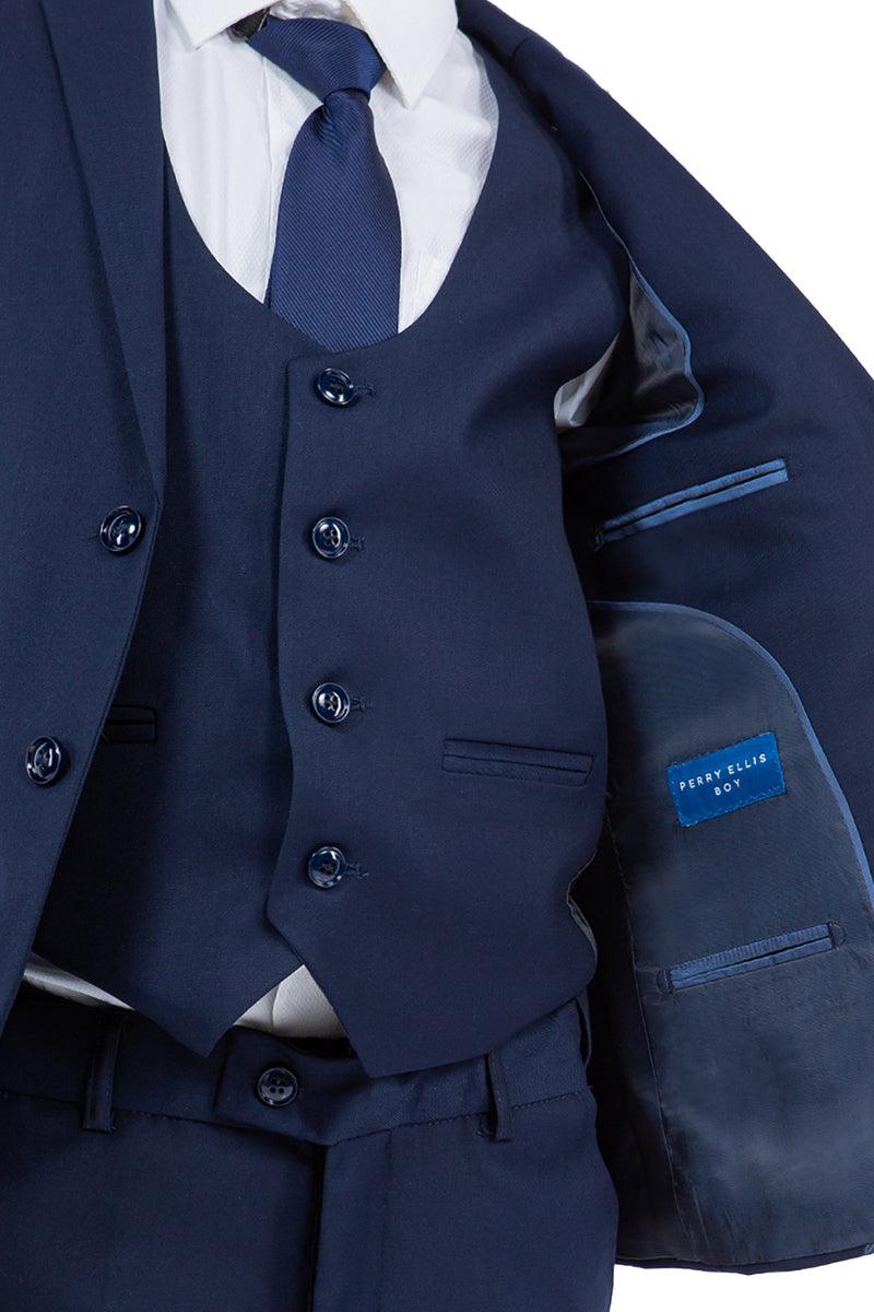 "Chic Navy Blue Vested Boy's Wedding Suit by Perry Ellis" - Elegant Mensattire