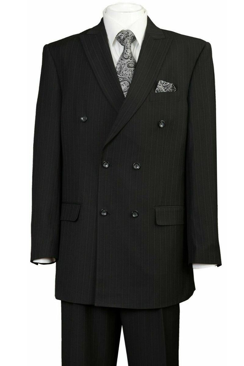 "Classic Black Pinstripe Suit by Fortino Landi - Double Breasted, Peak Lapel" - Elegant Mensattire