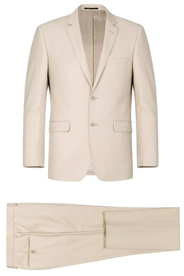 Classic Light Tan Beige Two Button Suit w/Optional Vest | 46R 46L | By Renoir - Elegant Mensattire