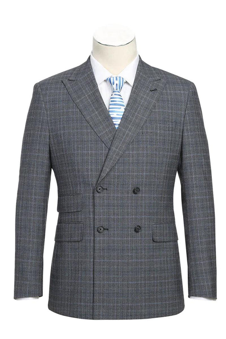 Classic Men's English Laundry Light Grey Windowpane Plaid Slim Fit Double Breasted Suit - Elegant Mensattire