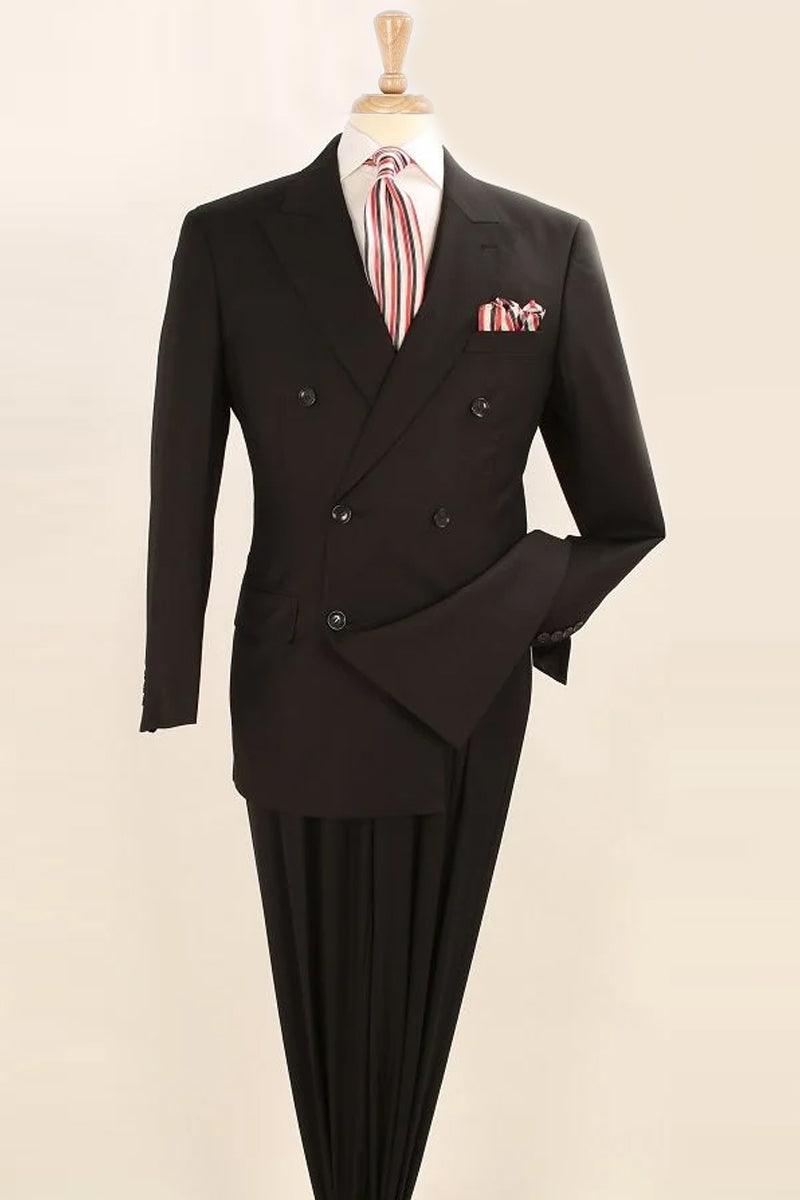 Classic Wool Blend Double-Breasted Suit by Apollo King - Black - Elegant Mensattire