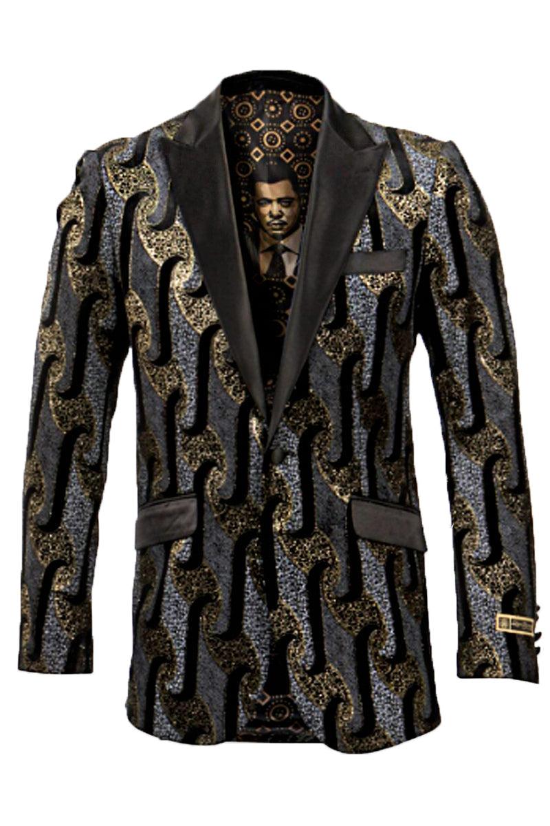 Collection 

"Empire Collection Men's Shimmery Foil Tuxedo Jacket - Black, Silver & Gold" - Elegant Mensattire