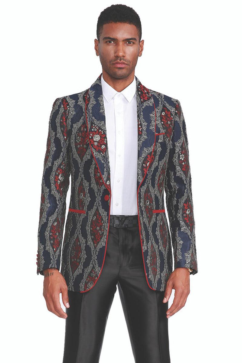 Collection 

Empire Men's Navy Brocade Jacket with Red Piping|Formal|Paisley - Elegant Mensattire