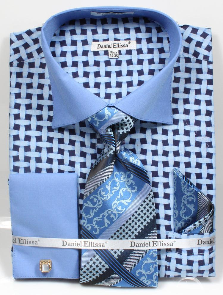 Daniel Ellissa 'Blue Bespoke' Lattice Pattern Shirt & Tie Set - Elegant Mensattire