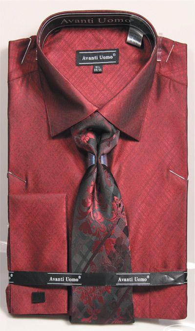 "Daniel Ellissa Burgundy Pattern French Cuff Men's Dress Shirt, Tie, & Hanky Set" - Elegant Mensattire