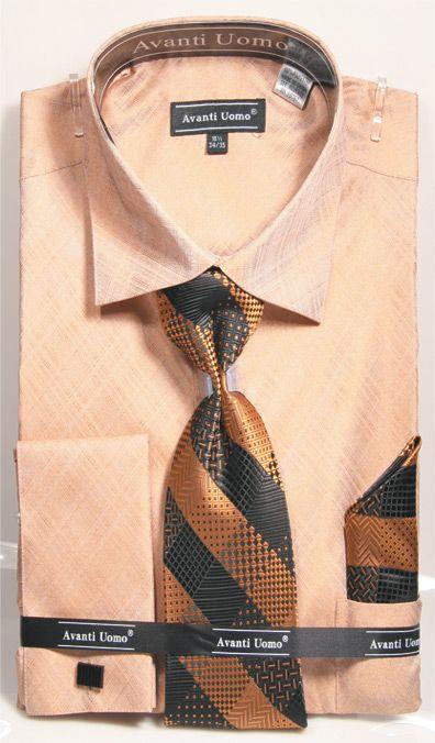 Daniel Ellissa French Weave Pattern Dress Shirt, Tie & Hanky Set in Tan - Elegant Mensattire