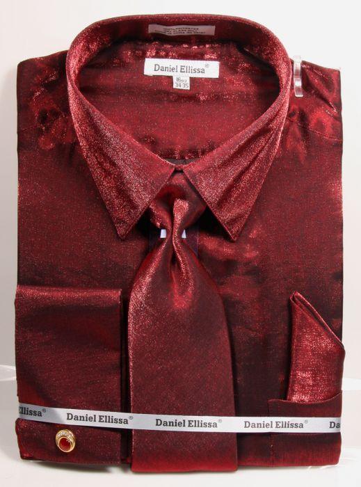 Daniel Ellissa Men's Burgundy Velvet Dress Shirt w/Looks-Match Tie Set - Elegant Mensattire