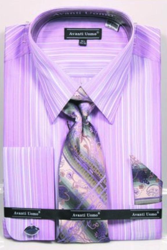 Daniel Ellissa Men's Lavender Tonal Stripe Dress Shirt, Tie & Hanky Set - Elegant Mensattire