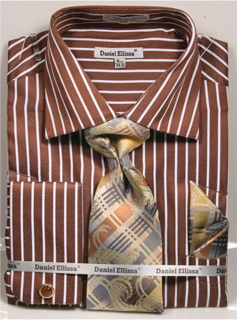 Daniel Ellissa Men's Pinstripe Shirt & Tie Set: Bold Gangster Brown Regular Fit - Elegant Mensattire