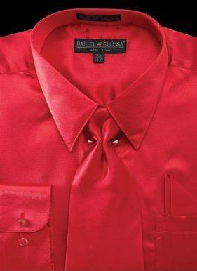 Daniel Ellissa Men's Red Satin Dress Shirt, Tie & Pocket Square Set - Regular Fit - Elegant Mensattire