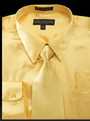 Daniel Ellissa Men's Reg. Fit Gold Shiny Satin Shirt, Tie & Pocket Square Set - Elegant Mensattire