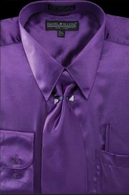 Daniel Ellissa Men's Reg Fit Shiny Satin Dress Shirt, Tie & Pocket Square Purp - Elegant Mensattire