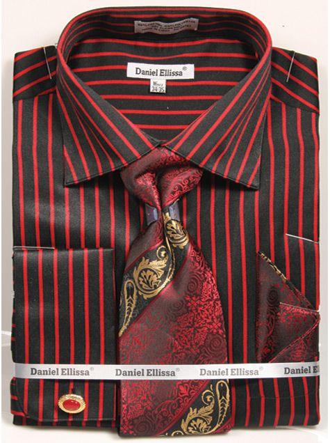 "Daniel Ellissa Men's Reg Fit Spread Collar Dress Shirt & Tie Set - Bold Gangster Black & Red Pinstripe" - Elegant Mensattire