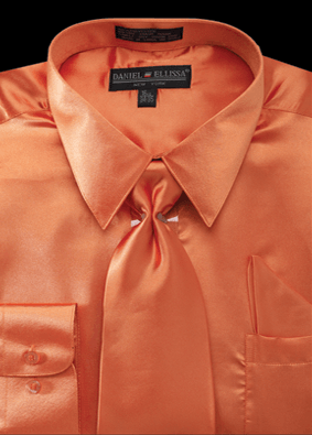 Daniel Ellissa Men's Shine: Regular Fit Satin Dress Shirt, Tie & Pocket Square Set in Orange - Elegant Mensattire