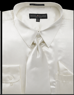 Daniel Ellissa Men's Shiny Satin Dress Shirt, Ivory Tie & Pocket Square Set - Regular Fit - Elegant Mensattire