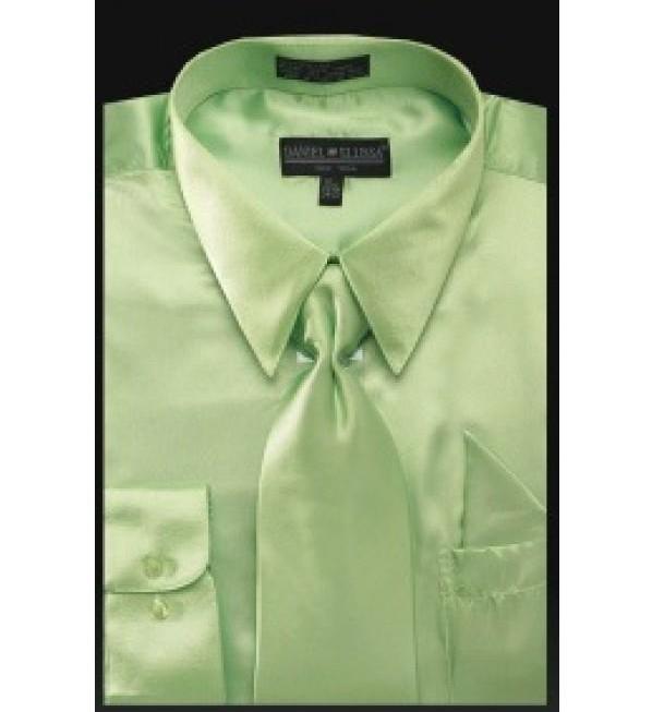 Daniel Ellissa Men's Shiny Satin Regular Fit Dress Shirt, Tie & Pocket Square Set - Apple Green - Elegant Mensattire