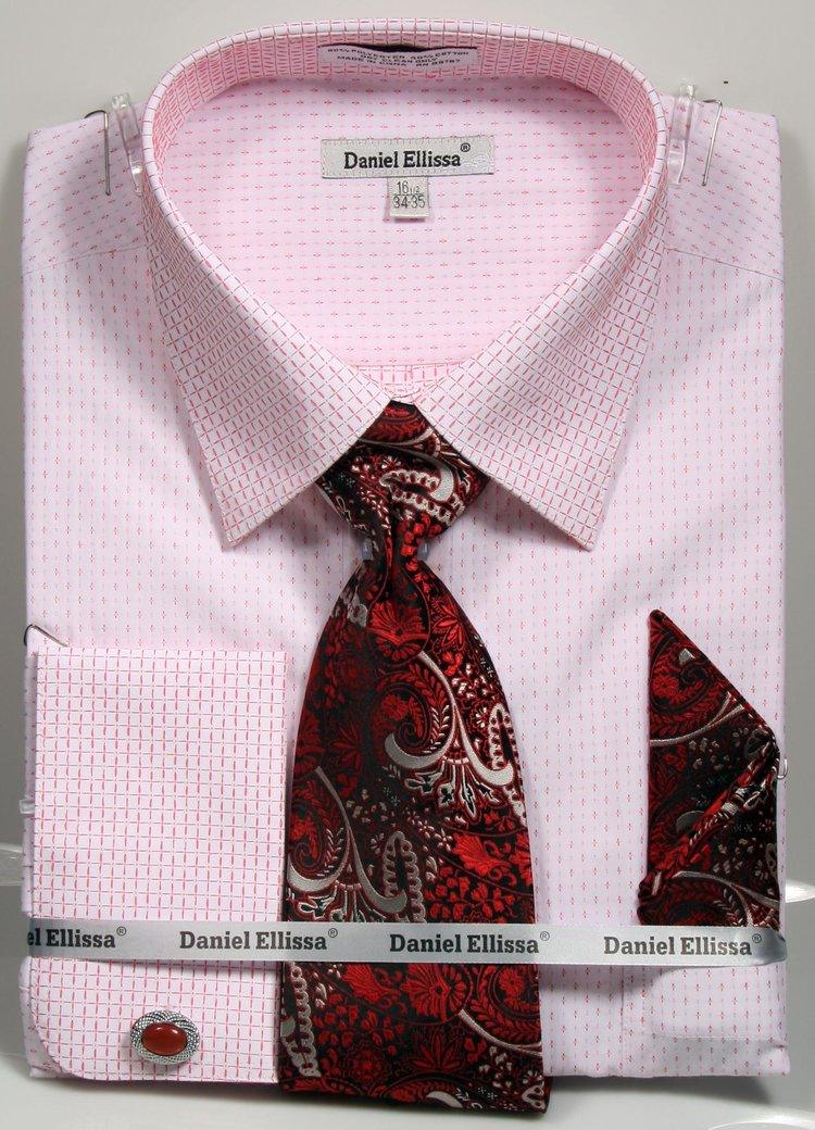 Daniel Ellissa Men's White & Red Dress Shirt & Tie Set - French Cuff, Mini Plus Pattern, Spread Collar, Regular Fit - Elegant Mensattire