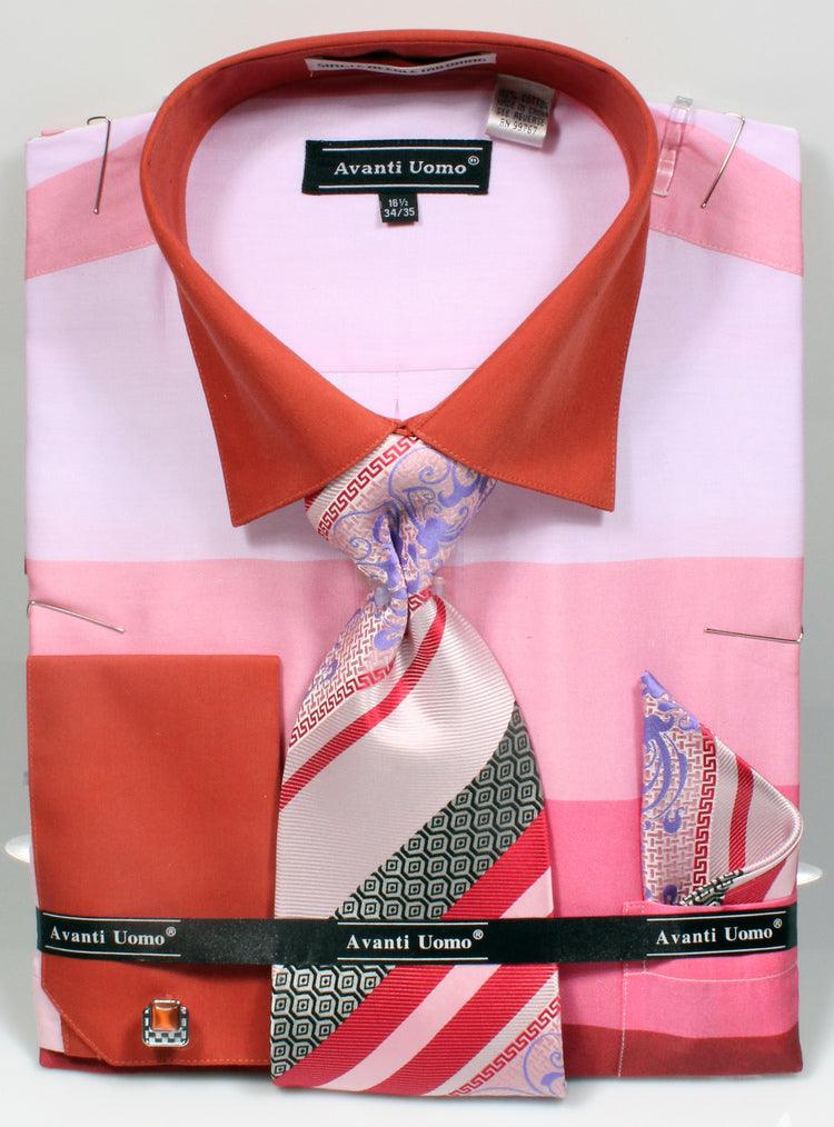 Daniel Ellissa Men's Wide Horizontal Stripe Dress Shirt, Tie, & Hanky Set w/Contrast Collar - Pink - Elegant Mensattire