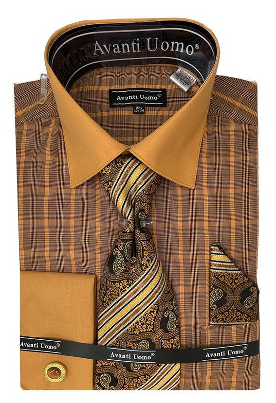 Daniel Ellissa Rust French Cuff Dress Shirt Set: Tonal Check Print & Contrast Collar - Elegant Mensattire