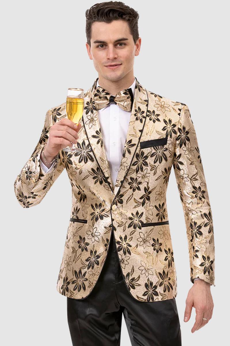 Deluxe Men's Black and Rose Gold Satin-Trimmed Shawl Tuxedo Jacket by Piasley - Elegant Mensattire